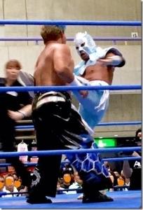 白いマスクをかぶった選手が相手選手にキックをしている試合中の写真
